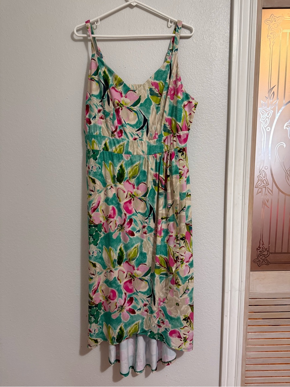 Floral High-Low Slip Dress in Teal and Pink
